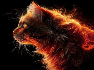 Fiery Cat Silhouette Generative AI
