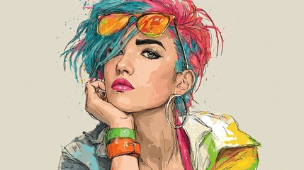 Pop Art Neon Woman Profile Generative AI