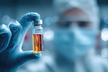 Scientist holding vial with red liquid in lab Generative AI