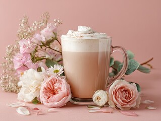 Latte With Flowers on Pastel Background Generative AI