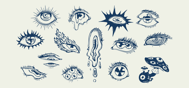 eye tattoo flash design, hand drawn eye sketch set, blue ink illustration artwork, surreal anatomy drawing sheet, artistic tattoo reference pack, vintage line art collection, detailed facial feature v