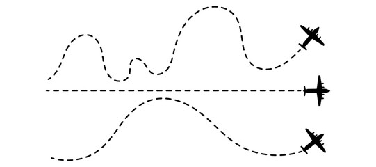 Airplane with dotted line route. flying plane with twisted, curved and straight dashed trace path. © hadidesign