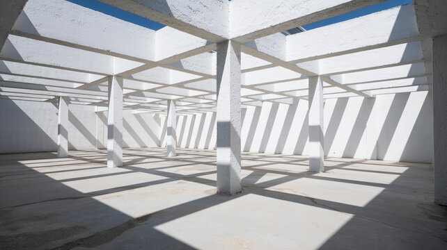 Geometrische Schatten von S&auml;ulen in einem wei&szlig;en Innenhof