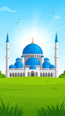 Obraz premium Mosque Silhouette in Blue and White with Grassland and Sunny Sky An Islamic Temple Illustration.