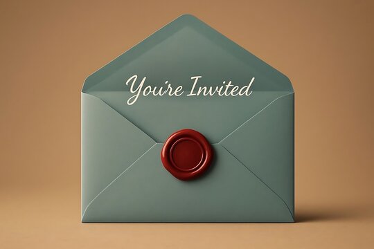 Teal Envelope With Elegant Invitation Text And Crimson Wax Seal