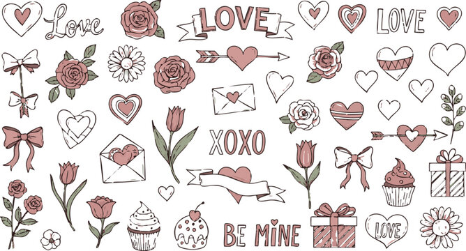 Adobe Illustrator Artwork. Vintage hand drawn post stamps Valentine day in doodle sketch art. Invitation postal romantic stickers for poster, placard or postcard prints. Vector illustration.