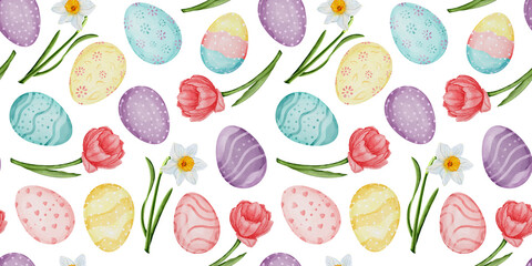 Watercolor Easter Seamless Pattern with Pastel Eggs Tulips and Daffodils. Seamless patter, hand painted spring floral design for wrapping paper, fabric, textile and holiday decor.