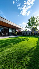 Modern Home with Lush Green Lawn and Blue Sky on a Sunny Day for Peaceful Outdoor Living.