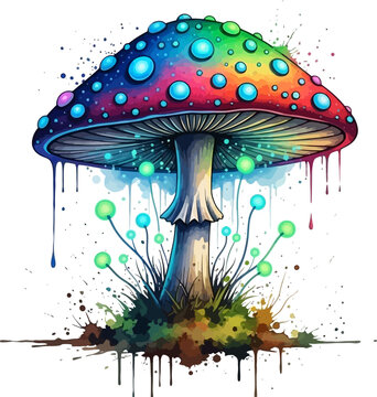 Rainbow Mushroom Glowing Watercolor Illustration Isolated on White