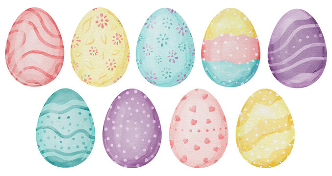 Watercolor Easter Eggs Collection with Pastel Decorative Patterns. Patterns including floral, heart and wave designs,hand painted spring holiday illustration isolated for seasonal decor.