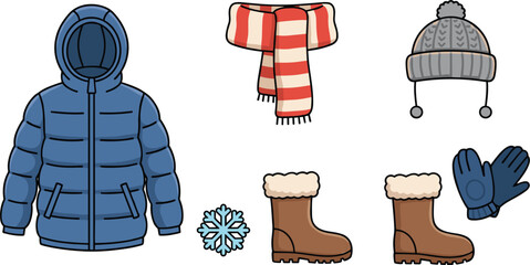 Winter Cold Weather Clothing Vector Illustration Set with Blue Puffer Jacket Striped Scarf Beanie Hat Boots and Gloves Icons © munzuara