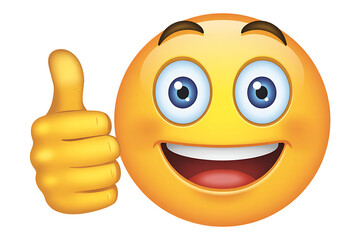 Cute 3d cartoon yellow smiley face character with a happy expression and big smile showing a thumb up hand icon as a fun vector illustration emoticon symbol