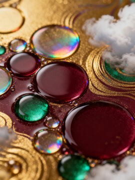 Luxury jewelry brand product staging on embossed gold surface with emerald and ruby liquid droplets