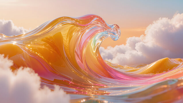 Translucent amber jelly wave surging through sunset clouds for wellness brand editorial