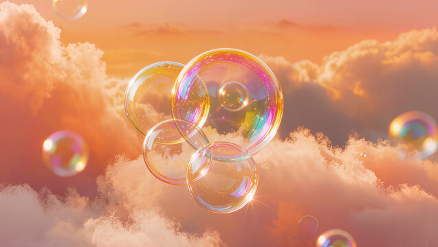 Celestial soap bubbles ascending into golden clouds for dreamlike atmosphere