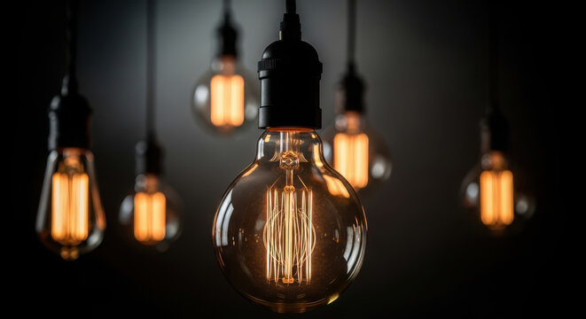 Vintage edison light bulbs hanging in dark room creating warm ambient atmosphere