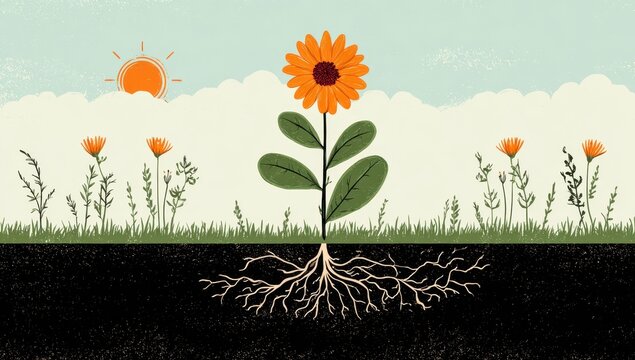Vibrant Sunflower with Exposed Roots Thriving Under Stylized Sun.
