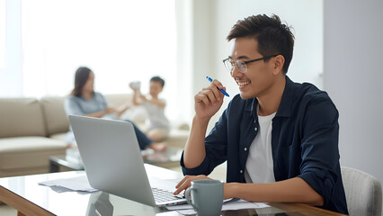 an Asian man looking at a silver laptop
