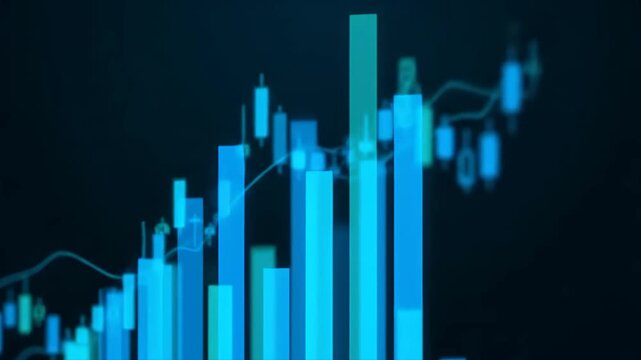 A stock market graph showing an upward trend with blue bars and lines on a dark background from a close-up viewpoint