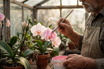 Surreal Photo Manipulation of an Elderly Gardener Painting Pink Patterns on White Orchids in a Greenhouse