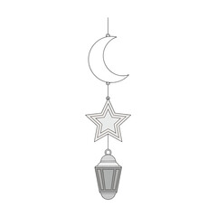 Fototapeta premium Crescent moon, star, and lantern hanging decorations displayed in a minimalist illustration