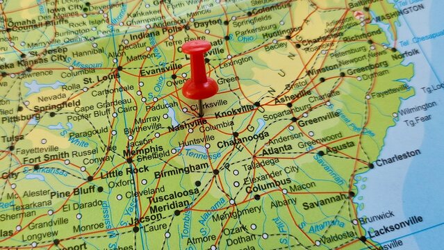 View of Nashville, often known as Music City, is the capital and most populous city in the U.S. state of Tennessee, on a geographical map of America, marked with red push pin