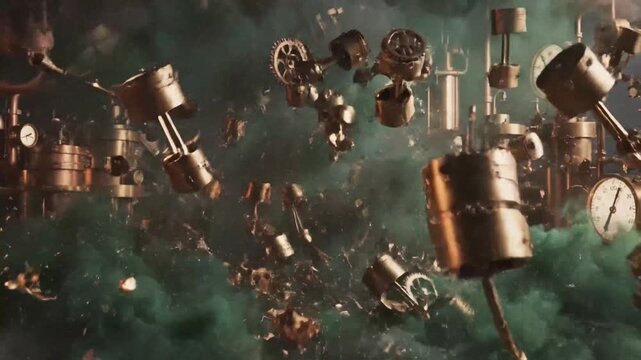 clockwork explosion, steampunk gears, time travel concept, mechanical chaos