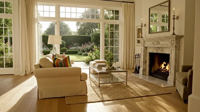 Bright home interior with garden window and staircase