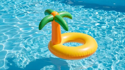 Inflatable ring with palm tree in pool
