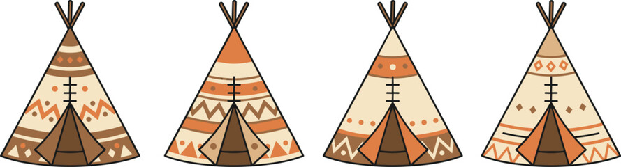 Boho Style Tribal Teepee Tents Collection with Decorative Patterns in Hand Drawn Flat Vector Illustration © munzuara