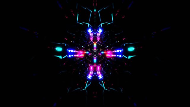 3D kaleidoscope effect with mirrored geometric patterns creating mesmerizing symmetry. Seamless loop for music festivals, DJ sets, nightclub visuals, meditation apps, and live performances. 4K quality