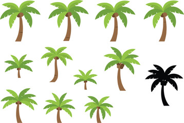 Green Palm Tree Collection with Different Tropical Island Plants and One Black Silhouette Vector Illustration Set