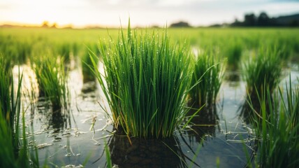 Obraz premium Young green rice plants growing in flooded paddy fields with a blurred natural background at sunrise.
