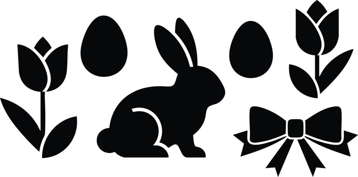 Minimalist black silhouette vector art of bunny with two eggs two tulip flowers and a decorative bow in simple modern flat style