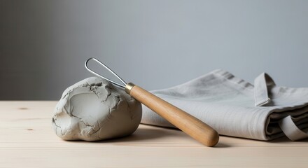 Pottery sculpting tool rests beside a lump of moist clay on a wooden surface with fabric