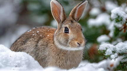 Obraz premium Brown rabbit sitting in snow among evergreen plants in winter 