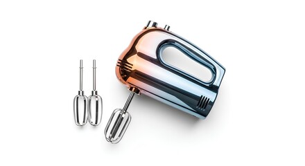 Shiny Hand Mixer with Beaters on White Background.