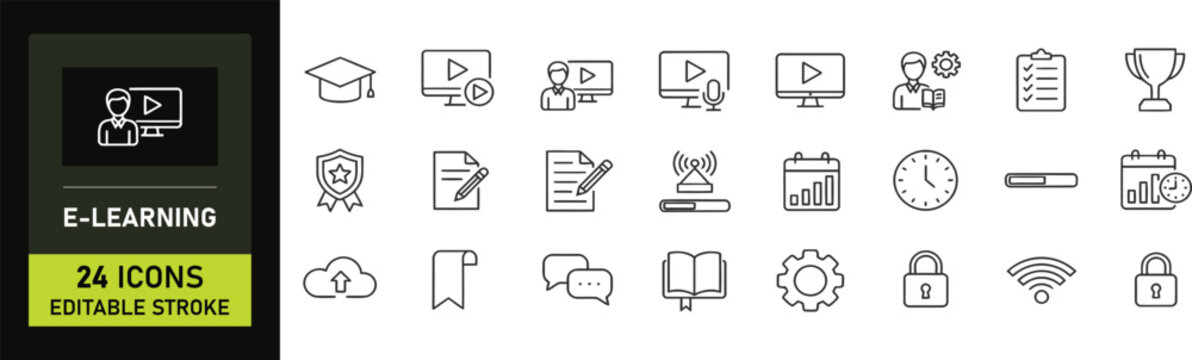 E-learning line icon set. Vector pictograms of graduation cap, books, online courses, students, mentor, certificate, achievement, thin linear. Editable stroke