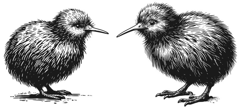 Kiwi Bird Silhouette &ndash; Black  White Linework linework sketch hand drawn pen drawing vector illustration