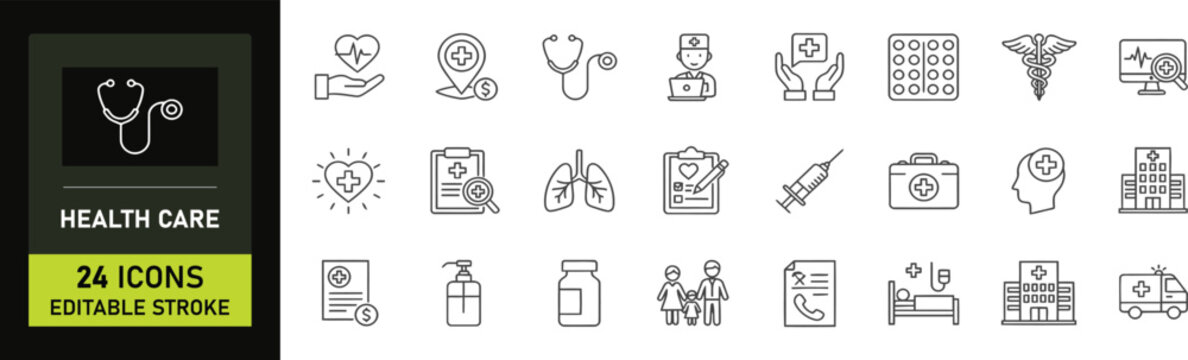 Set of editable stroke vector line icons representing health care, hospital services, medical treatment, and insurance concepts