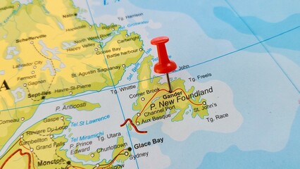 View of Gander, Newfoundland and Labrador, Town in province of Newfoundland and Labrador, Canada, on geographical map of America, marked with a red push pin. © PinkyEn