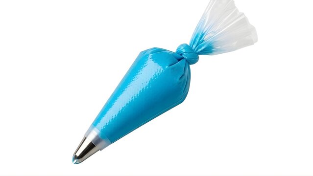 A blue piping bag with a silver tip on a transparent background for baking and decorating