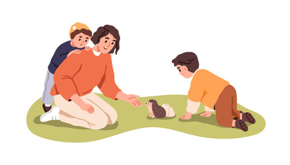Mother and kids meeting hedgehog outdoors. Happy family, mom and curious excited children exploring nature together, looking at animal on grass. Flat vector illustration isolated on white background © Good Studio