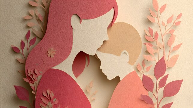 Mother and child paper cut silhouette embracing for Mother&rsquo;s day in warm peach and coral layers