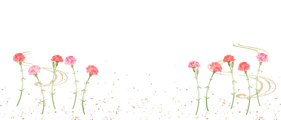 Watercolor red carnation flowers with golden stream for Japanese background-300dpi-