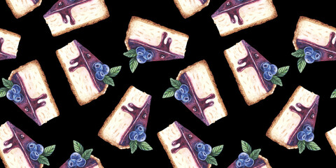 Blueberry cheesecake seamless pattern. Watercolor hand drawn dessert with bilberry. Isolated on black background. Perfect food menu, design packing, bakery shop, cooking, textile, fabric, design