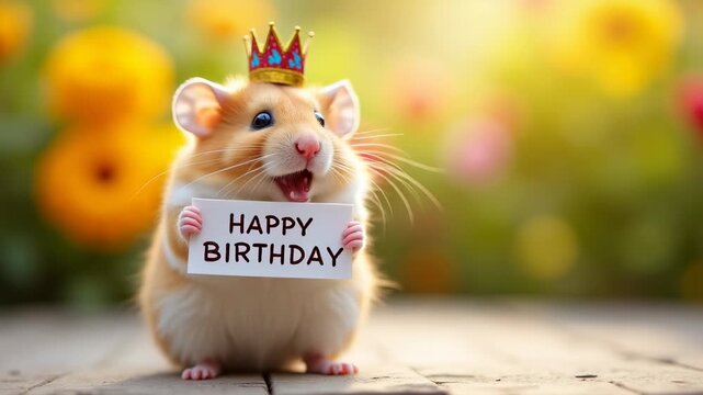 Hamster wearing crown holding happy birthday sign, cute pet celebration portrait, pet parties, holiday