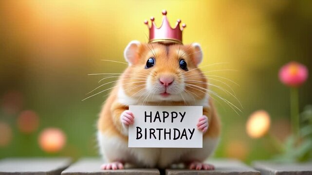 Hamster wearing crown holding happy birthday sign, cute pet celebration portrait, pet parties, holiday