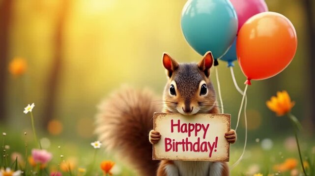 Squirrel holding happy birthday sign with balloons smiling, concept of birthday greetings, children parties, holiday