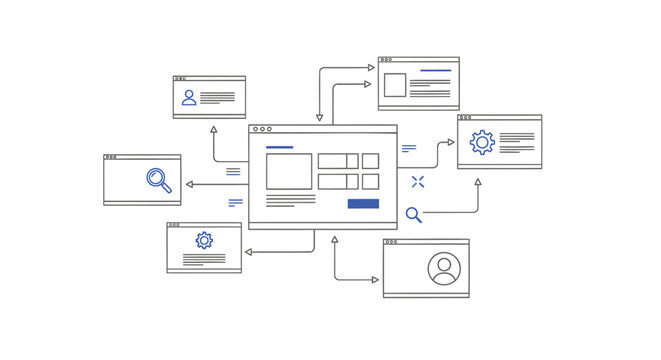 Vector illustration of a complex network diagram with interconnected windows and icons on a transparent background